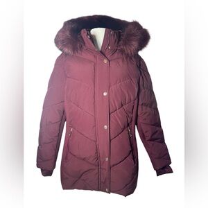 MICHAEL KORS Women’s Dark Burgundy Puffer Jacket Faux Fur Lined Hood XL NWT